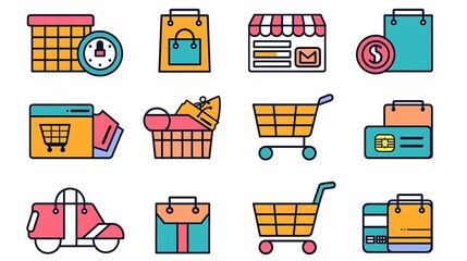 Set of minimalist e-commerce icons designed with clean lines and simple shapes, representing shopping
