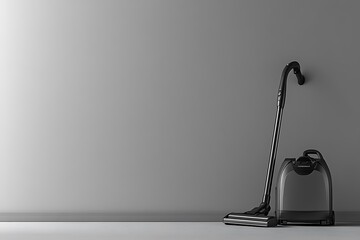 Black vacuum cleaner leaning against a wall with white floor