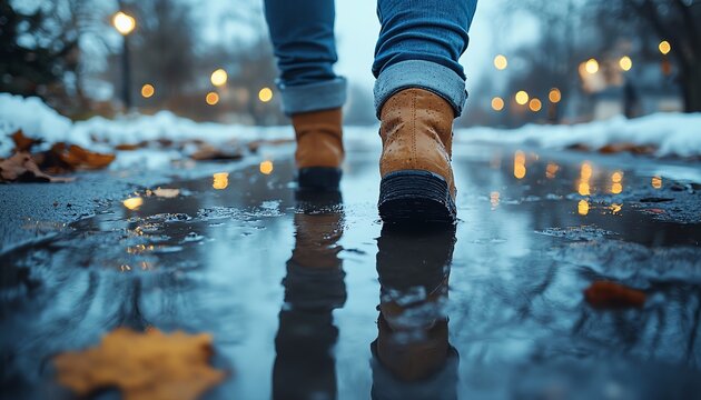 A person grimacing and stepping away from a puddle of murky water on the ground, visibly repulsed by the sight