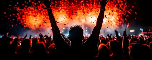 Fireworks and confetti bursting simultaneously over a cheering crowd at a night event, Fireworks and Confetti Night Explosion, Joyful energy