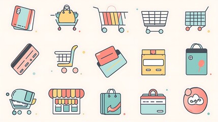 Set of minimalist e-commerce icons designed with clean lines and simple shapes, representing shopping