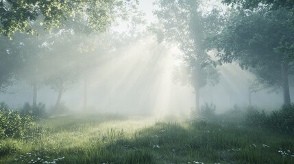 A fog-covered forest at dawn, with faint rays of sunlight cutting through the mist