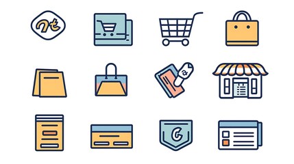 Set of minimalist e-commerce icons designed with clean lines and simple shapes, representing shopping