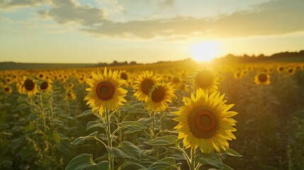 Obraz premium Sunflowers stretch across a vast field under the warm golden glow of sunset. The vibrant flowers turn toward the sun, creating a picturesque landscape filled with natural beauty