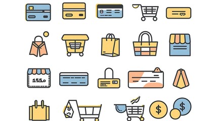 Set of minimalist e-commerce icons designed with clean lines and simple shapes, representing shopping