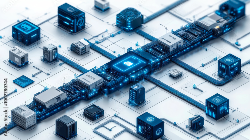 Poster automated document workflow systems concept in futuristic digital network environment with ai integr