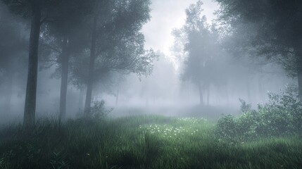 A foggy forest clearing at daybreak, with light filtering through the mist