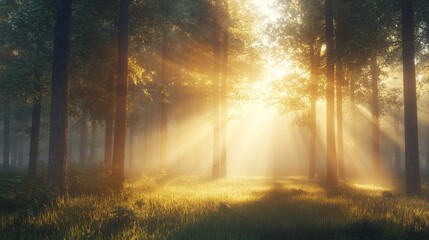 A foggy forest at sunrise, with golden rays of sunlight gently filtering through the mist