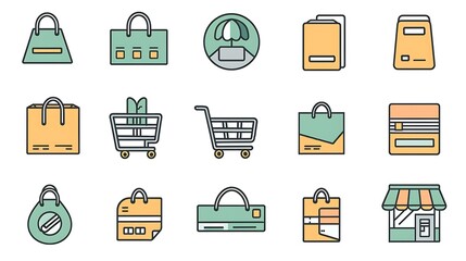 E-commerce icon collection showcasing essential shopping elements with clean and bold designs