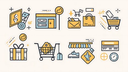 E-commerce icon collection showcasing essential shopping elements with clean and bold designs