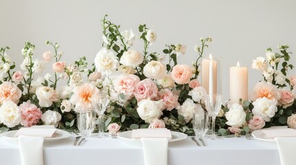 Beautifully decorated wedding table setting with flowers and candles, with space for text
