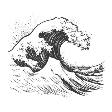 recommend clip art: A Black and White Hand Drawn Illustration of a Giant Wave