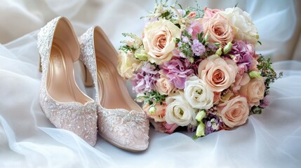 Bridal shoes and bouquet placed on a soft fabric, with clear background for copy