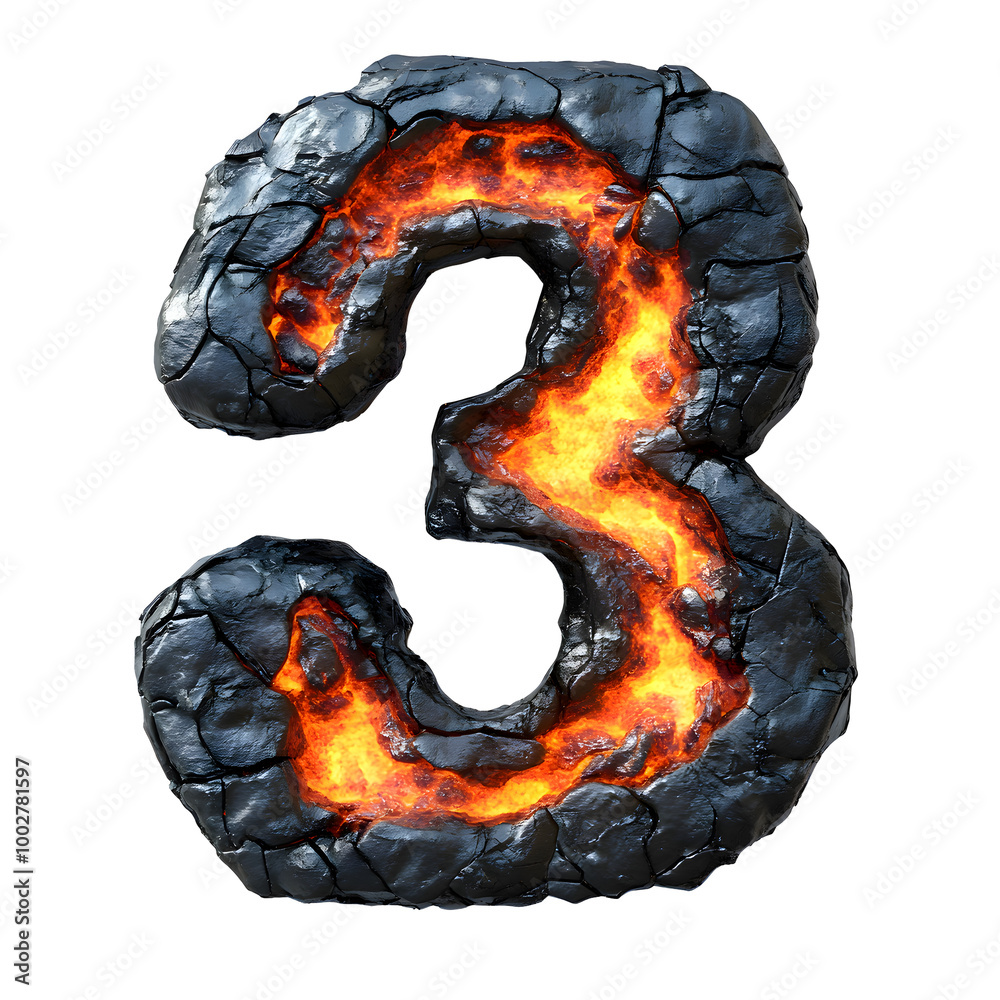 Poster fiery erupting number 3 with scorching flames and molten lava backdrop. abstract digital of a flamin