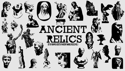 Ancient Relics a set of graphic resources. Photocopy, halftone effect for grunge, punk, y2k, pulp, pop collage, poster, tshirt design. Vector illustration with elements on separate background.

