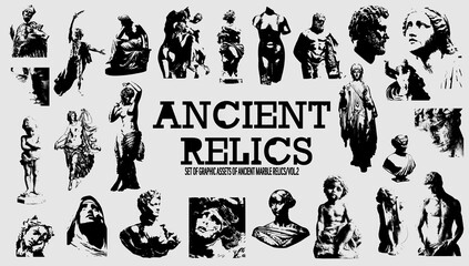 Ancient Relics a set of graphic resources. Photocopy, halftone effect for grunge, punk, y2k, pulp, pop collage, poster, tshirt design. Vector illustration with elements on separate background.

