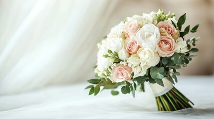 Obraz premium Close-up of a bridal bouquet on a table, soft pastel background with clear space for text