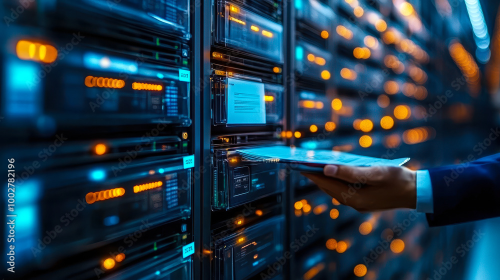 Poster cybersecurity professional managing encrypted files on server rack in high-tech data center with adv