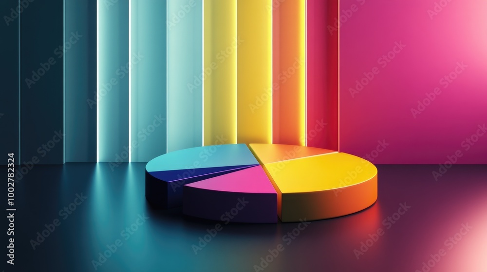 Poster a 3d pie chart in motion, dynamically rotating to reveal different data segments, presented against 