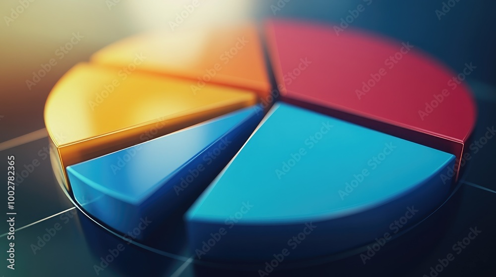 Poster a 3d pie chart in motion, dynamically rotating to reveal different data segments, presented against 