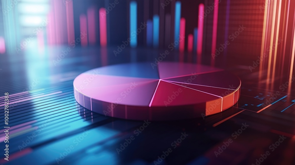 Poster a 3d pie chart in motion, dynamically rotating to reveal different data segments, presented against 