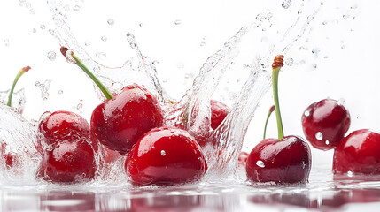 Fresh Red Cherries Splashing into Water on a White Background