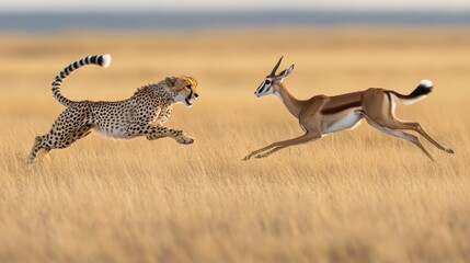 Cheetah Chasing Gazelle in Golden Grasslands