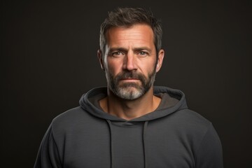Fototapeta premium Portrait of a merry man in his 40s dressed in a comfy fleece pullover isolated on blank studio backdrop