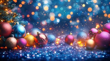 Joyful festive Christmas backdrop featuring a glowing tree adorned with colorful ornaments twinkling lights and a glittering blurred holiday atmosphere spreading holiday cheer and magic