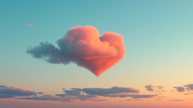 A pastel-colored sky at dusk with a single, large cloud in the shape of a heart balloon