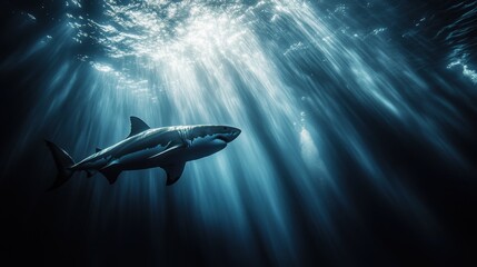 Fototapeta premium Majestic Shark Gliding Through Sunlit Ocean Depths