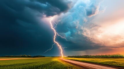 Dramatic Lightning Strike Over Scenic Countryside Road