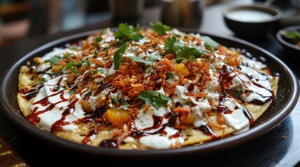 A beautifully arranged plate of papri chaat, drizzled with yogurt, tamarind, and mint chutneys, topped with sev and garnished with fresh coriander leaves.