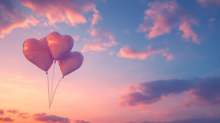 Fototapeta premium A romantic twilight sky with a few clouds shaped like intertwined hearts, glowing softly in pink and lavender hues