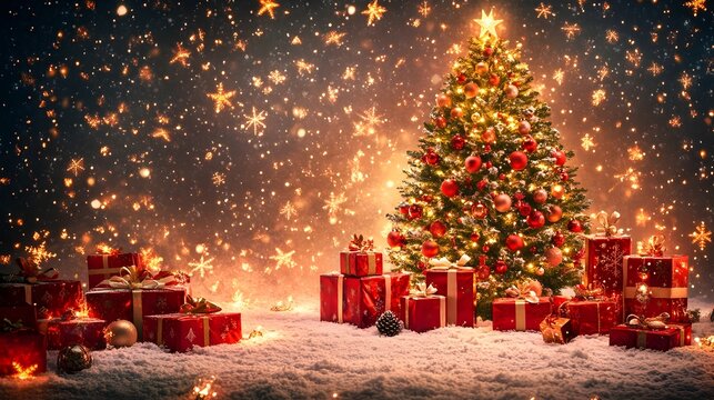 Festive Christmas tree backdrop with vibrant colorful ornaments twinkling lights and wrapped gifts creating a warm and joyful holiday atmosphere