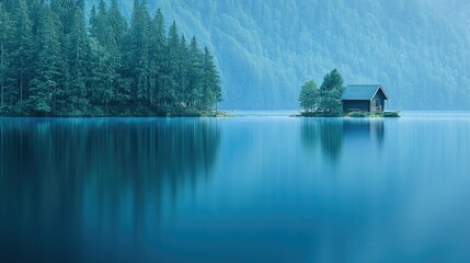 Fototapeta premium A tranquil lake with a holiday cabin in the distance, no people, and room for text
