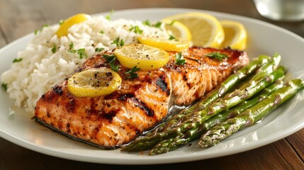 A beautifully plated dish of grilled salmon fillet garnished with lemon slices and fresh herbs, served alongside vibrant asparagus and rice, showcasing a healthy meal.