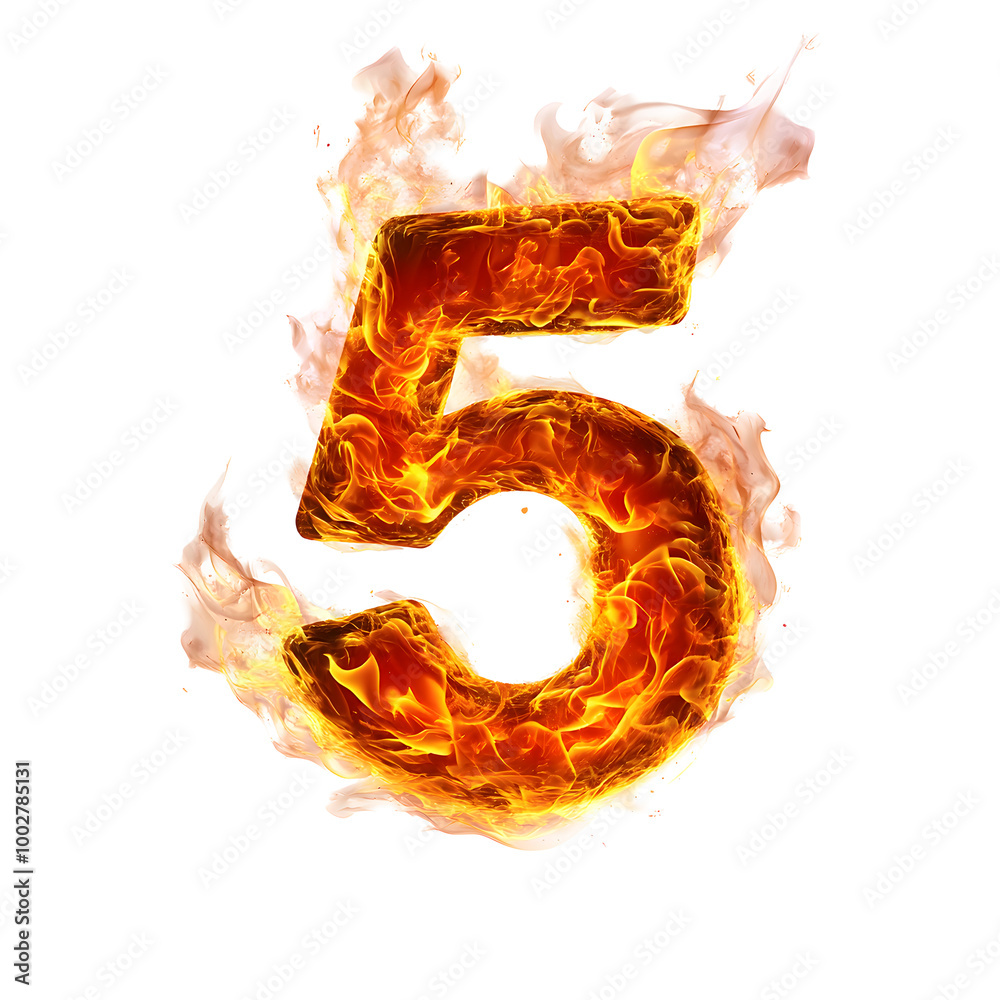 Poster Fiery Number 5 Symbol with Dramatic Flames and Scorching Energy Representing an Important or Countdown Event