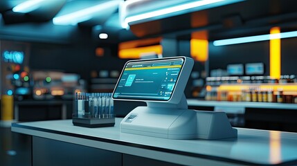 Fototapeta premium A virtual checkout counter on a digital device, no people, and wide room for copy