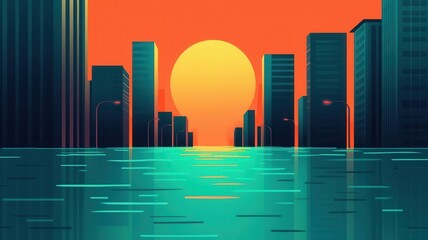 Fototapeta premium City streets turning into rivers during flash flood, streetlights and cars, flat design illustration