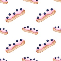 Watercolor seamless pattern sweet blueberry eclair.Hand painting on isolated background. For designers, menu, shop, bar, bistro, restaurant, for postcards.