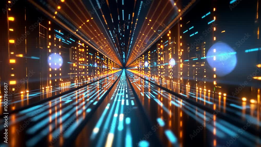 Poster experience a stunning display of colorful lights and dynamic patterns moving through a futuristic di