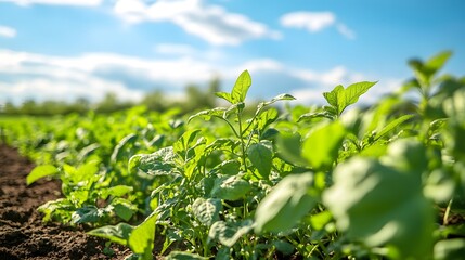 In the photo, there is an endless green field with rows of crops growing under bright sunlight and a blue sky