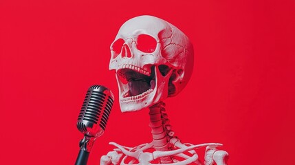 Skeleton Singing into Classic Microphone on Red Background