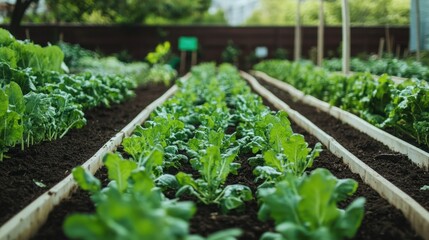 Rows of fresh vegetables growing in a community garden, with signage promoting local sustainability initiatives
