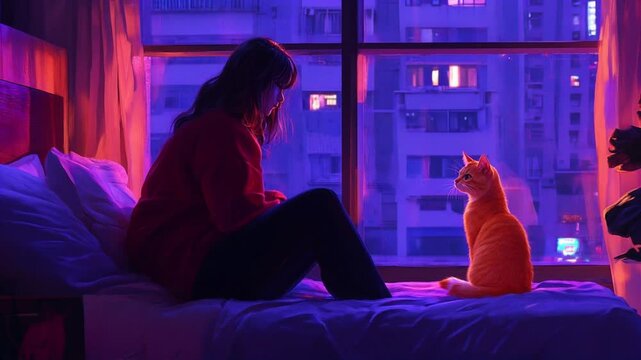 A lofi animation girl and cat sitting near moving window