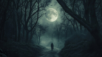 The Haunted Path: Describe a traveler lost in a dark forest on Halloween night. The full moon illuminates eerie figures lurking among the trees, and whispers echo through the air.
