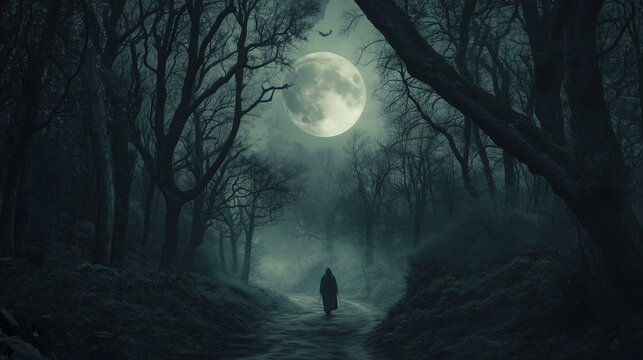 The Haunted Path: Describe a traveler lost in a dark forest on Halloween night. The full moon illuminates eerie figures lurking among the trees, and whispers echo through the air.