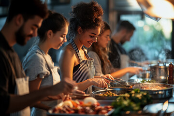 Students in a culinary class cooking together, group learning to cook, fun and learning in the classroom