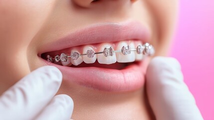 Close-up of a smiling person with braces, showcasing dental work with a pink background